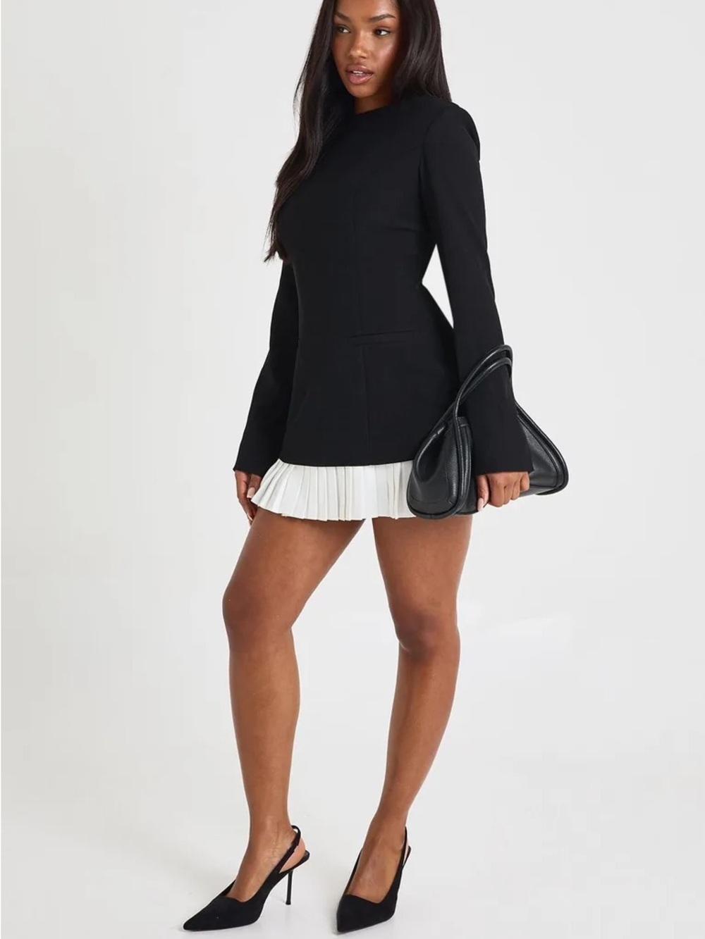 Amazon Black Mini Dress with White Pleated Hem